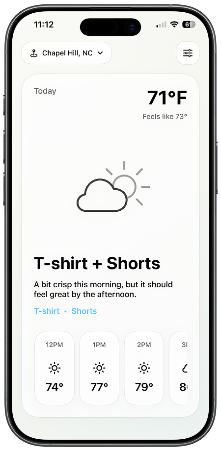 AirFit on iPhone: today’s weather, outfit suggestion, and hourly forecast
